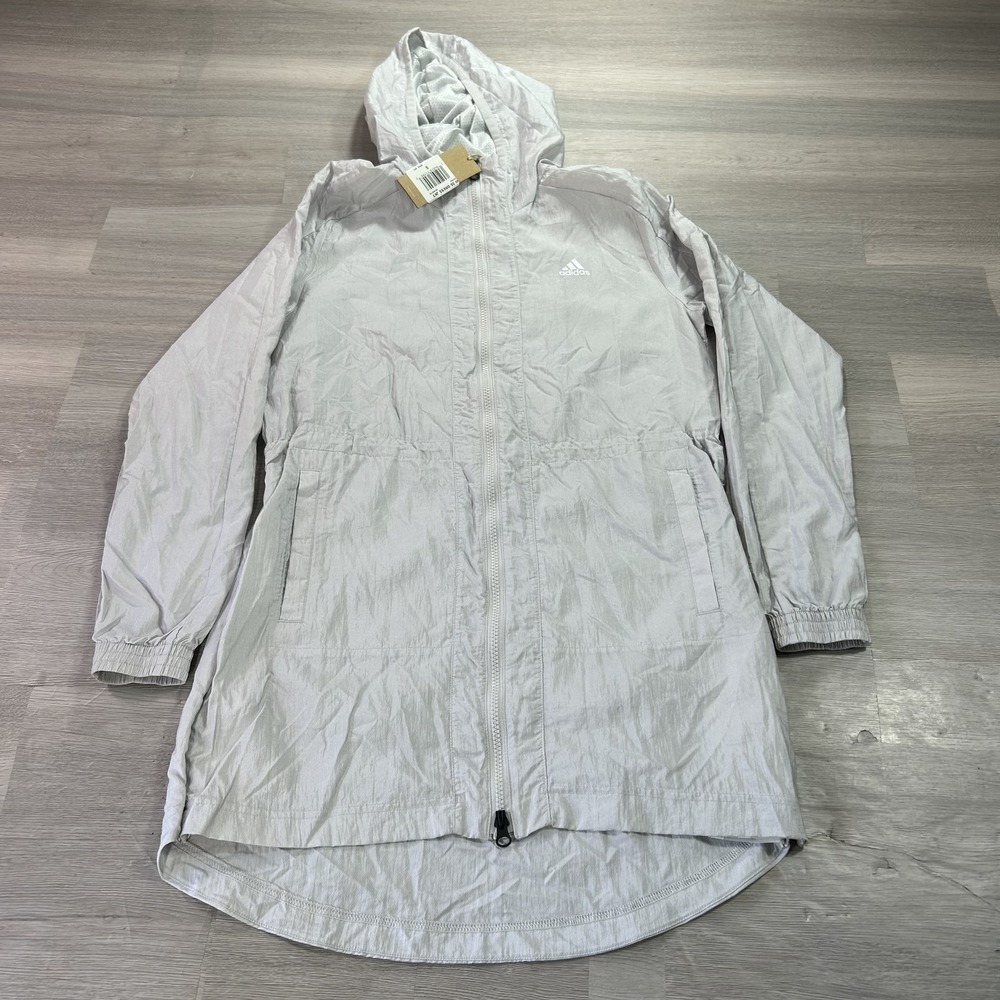 Adidas 3S Dress Jacket Womens Small Gray Long Hooded Running Windbreaker GL6979
